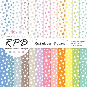 Sterren confetti digitaal papier, naadloos patroon, pastel regenboogkleuren, witte achtergrond, plakboekpagina's, commercieel gebruik