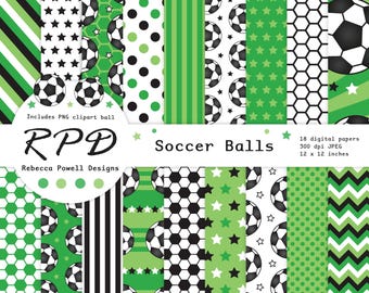 Green Soccer Digital Paper Pack: Seamless Football Patterns, PNG Clipart Ball