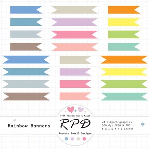 May include: Set of 24 colorful banner clipart graphics in various shades of blue, green, yellow, orange, pink, and brown. The banners are 6 inches by 1 inch and 4 inches by 1 inch. Soft Rainbow Mix & Match. RPÐ. Rebecca Powell Designs.