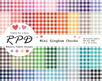 May include: A digital paper pack with 36 mini gingham check patterns in various colours. The patterns are 12 inches by 12 inches and 300 dpi. The text "Gingham Mix & Match" and "RPÐ Rebecca Powell Designs" is on the image.