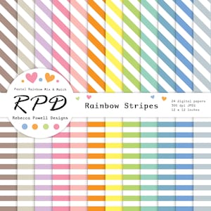 Horizontal & Diagonal Stripes Seamless Digital Paper, Printable Backgrounds in Pastel Rainbow Colours and White