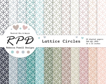 Circles Lattice Digital Paper Pack, Seamless Pattern, Neutral Colours, White, Scrapbook Pages, Digital Backgrounds, Commercial Use