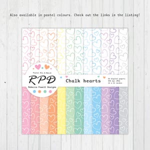Hand drawn hearts digital paper pack in pastel colours and white.