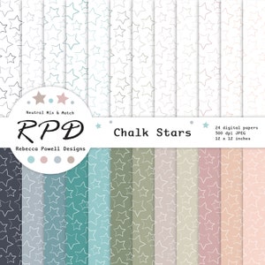 Pacote de papel digital desenhado à mão com estrelas, padrão sem costura, cores neutras, branco, páginas de scrapbook, fundos digitais, uso comercial