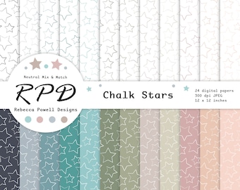 May include: A set of 24 digital papers featuring a white chalk star pattern on various colored backgrounds. The colors include shades of blue, green, pink, and gray. The papers are 12 x 12 inches and 300 dpi.