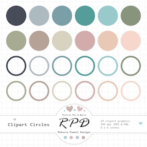 May include: Set of 24 neutral colored clipart circles, perfect for adding a touch of color to your digital designs. The circles are in various shades of green, blue, brown, and pink. Each circle is 6 inches in diameter.