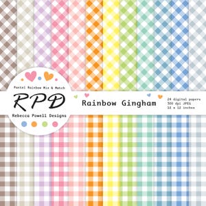 Papel digital con estampado de cuadros vichy blancos y colores arcoíris pastel, páginas y fondos sin costuras para álbumes de recortes para uso comercial.