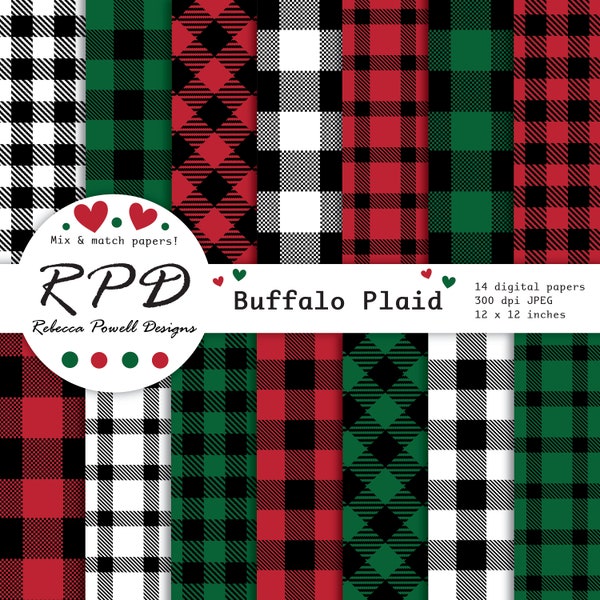 SALE Buffalo Plaid Digital Paper Set,Lumberjack,Checks,Log Cabin,Red, Green,White,Black,Scrapbooking,Backgrounds,Personal & Commercial Use