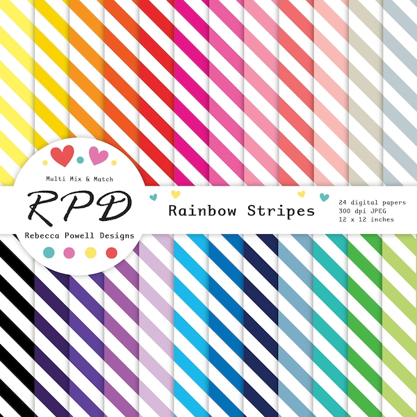 Diagonal Stripes Digital Paper Pack, Seamless Pattern, Rainbow Colours, White, Scrapbook Pages, Digital Backgrounds, Commercial Use