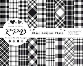 Black & White Gingham Plaid Checks Digital Paper Pack, Seamless Patterns, Scrapbooking, Backgrounds, Commercial Use