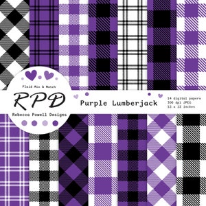 Pacote de papel digital xadrez roxo, sem costura, preto, branco, lenhador, cheque, cabana de madeira, tartan, álbum de recortes, planos de fundo, uso comercial