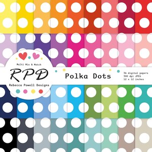 May include: A set of 36 digital polka dot patterned papers in various colors. The papers are 12 x 12 inches and 300 dpi. The text "Multi Mix & Match" and "RPÐ Rebecca Powell Designs" is on the image.