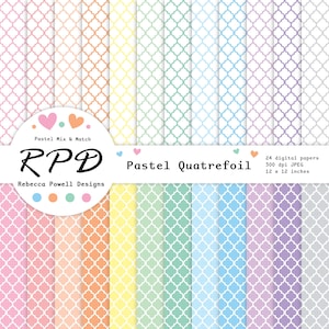 May include: A collection of 24 digital papers in pastel colors, each featuring a quatrefoil pattern. The papers are 12 x 12 inches and 300 dpi JPEG. The design includes the text "Pastel Mix & Match" and "Pastel Quatrefoil" by Rebecca Powell Designs.