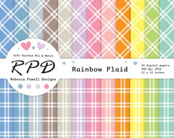 Pastel Rainbow Tartan Plaid Digital Paper: Seamless Scrapbook Backgrounds (Digital Download)
