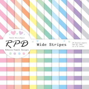 Stripes Digital Paper Pack, Seamless Pattern, Horizontal, Diagonal, Pastel Colours, White, Scrapbook Pages, Backgrounds, Commercial Use