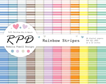 SALE Horizontal Stripes Digital Paper, Seamless Pattern, Pastel Rainbow Colours, White, Scrapbook Pages, Digital Backgrounds, Commercial Use