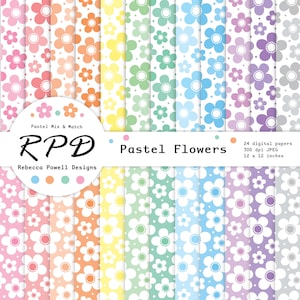 Pastellfarben & weiße niedliche Blumen Digital Paper Pack, Nahtloses Muster, Scrapbook-Seiten, Hintergründe, kommerzielle Nutzung