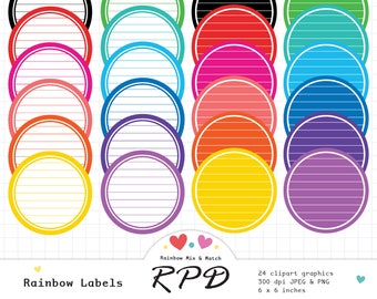 Round Circle Labels Digital Clip Art Set, Lined Paper, Rainbow Colours, White, Png, Jpeg, Scrapbooking, Planner Frames, Commercial Use