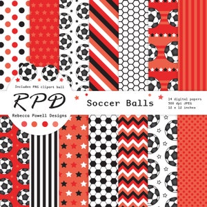 Paquete de papel digital de fútbol, Sin costuras, PNG Clip Art Ball, Rojo, Blanco y negro, Páginas de álbum de recortes, Fondo digital, Uso comercial