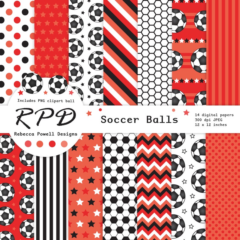 SALE Soccer Football Digital Paper, Seamless, PNG Clip Art Ball, Red, Black & White, Scrapbook Pages, Digital Background, Commercial Use image 1