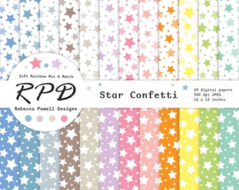 Stars Polka Dot Confetti Digital Paper Pack, Seamless Pattern, Pastel Rainbow Colours, White, Scrapbook Pages, Backgrounds, Commercial Use