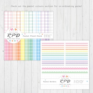 Image shows coordinating pastel colours products, plaid check digital paper pack and decorative scalloped borders clipart set.