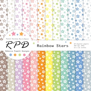 May include: A collection of 24 digital papers with a rainbow star pattern. Each paper is 12 x 12 inches and features a different color background with white stars. The papers are labeled "Rainbow Stars" and are 300 dpi JPEG.
