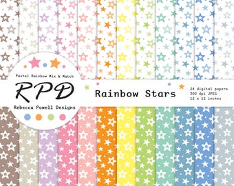 Star Doodles Paper Pack, Pastel Rainbow Colours & White Seamless Patterns (Instant Download)