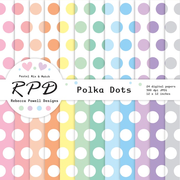 Large Polka Dots Spots Digital Paper Pack, Seamless Pattern, Pastel Colours, White, Scrapbook Pages, Digital Backgrounds, Commercial Use