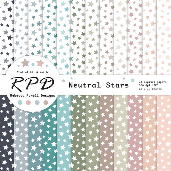 Stars Confetti Digital Paper Pack, Seamless Pattern, Neutral Colours, White, Scrapbook Pages, Digital Backgrounds, Commercial Use