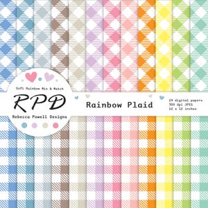May include: A set of 24 digital papers featuring a rainbow plaid pattern. Each paper is 12 inches by 12 inches and 300 dpi. The papers are in a variety of colors, including blue, green, yellow, orange, pink, and purple.