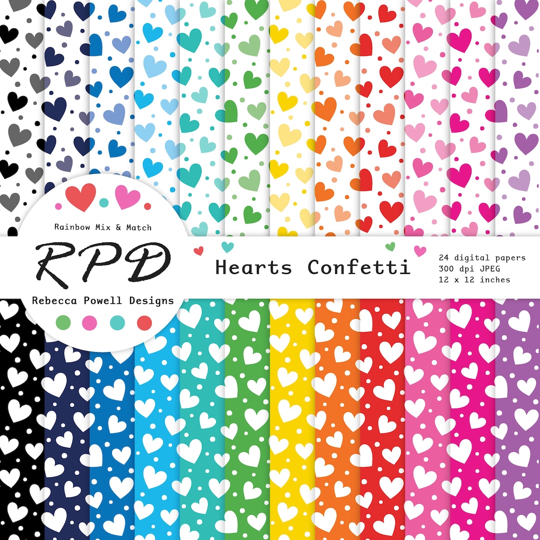 Hearts Confetti Digital Paper Pack, Seamless Rainbow & White Scrapbook ...