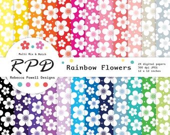 Flowers Floral Hand Drawn Digital Paper Pack, Seamless Pattern, Rainbow Colours, White, Scrapbook Pages, Digital Backgrounds, Commercial Use