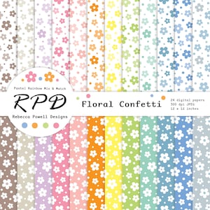 Süße Blumen Konfetti Muster nahtlose digitales Papier, Pastell Regenbogen-Farben & Weiß, Hintergründe, Scrapbook Seiten, kommerzielle Nutzung