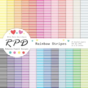 Horizontal Stripes Digital Paper Pack, Seamless Pattern, Rainbow Colours, White, Scrapbook Pages, Digital Backgrounds, Commercial Use