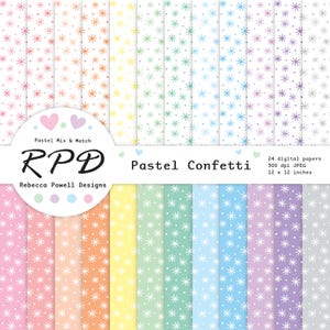 May include: A set of 24 digital papers featuring a pastel confetti pattern with white stars on a variety of pastel backgrounds. The papers are 12 x 12 inches and 300 dpi.