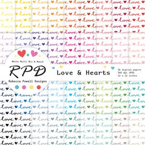 May include: Digital paper set featuring the word "love" in a handwritten style, repeated across the page with heart accents. The color palette includes a variety of hues, from warm yellows and oranges to cool blues and purples. The text "Love & Hearts" is also present.