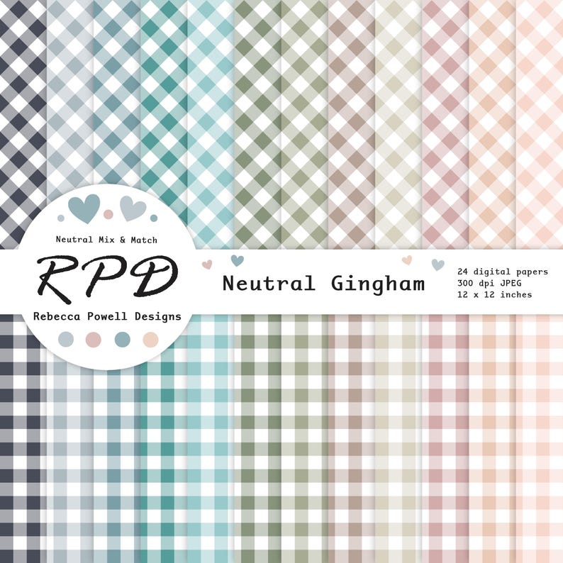 Image of 24 digital paper pack in 12 neutral colours and white. 12 papers have a small gingham check pattern and the other 12 papers have a diagonal check pattern.