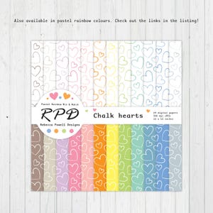 Hand drawn hearts digital paper pack in pastel rainbow colours and white.