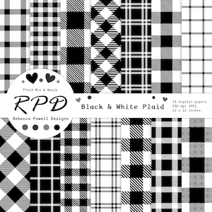 May include: A set of 14 digital papers featuring black and white plaid patterns. The papers are 12 x 12 inches and 300 dpi. The text "Plaid Mix & Match" and "RPD" is visible in the image.