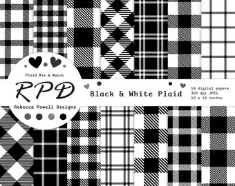 Black & White Seamless Buffalo Plaid Digital Paper Pack , Lumberjack Checks, Log Cabin, Tartan, Scrapbooking, Backgrounds, Commercial Use