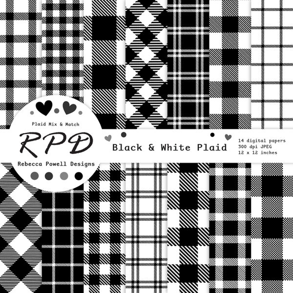 Black & White Seamless Buffalo Plaid Digital Paper Pack , Lumberjack Checks, Log Cabin, Tartan, Scrapbooking, Backgrounds, Commercial Use