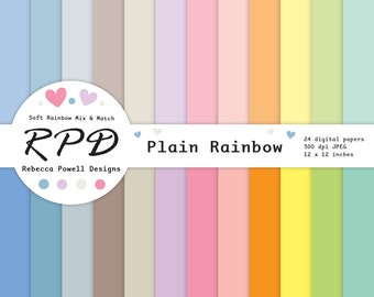 Plain Multi-Coloured Digital Paper Pack, Seamless, Solid Pastel Rainbow Colours, Scrapbook Pages, Digital Backgrounds, Commercial Use