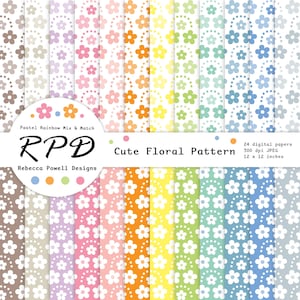 かわいい花柄デジタルペーパー、スクラップブッキングやクラフトに最適なパステルレインボーカラーとホワイトのシームレスパターンを印刷できます