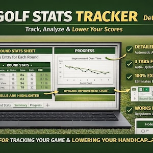 Op de afbeelding: Een laptopscherm toont een golfstatistieken tracker met de tekst "GOLF STATS TRACKER Details". Het scherm toont rondestatistieken, een voortgangsgrafiek en Excel-functies. De software volgt en analyseert scores voor 9 of 18 holes.