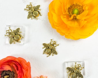 May include: Four gold bee charms on a white background with three flowers. Two of the flowers are peach colored and one is orange.