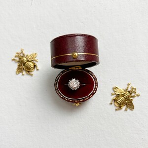 May include: A ring box with a red velvet interior and a diamond ring inside. Two gold bee charms are on either side of the box.