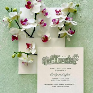 May include: Save the date card with a green illustration of a house and the text "KINDLY SAVE THE DATE for the wedding of Emily and Sam SEPTEMBER 27, 2025 New Canaan, Connecticut emilyandsam2025.com | password: emilyandsam2025 formal invitation to follow"