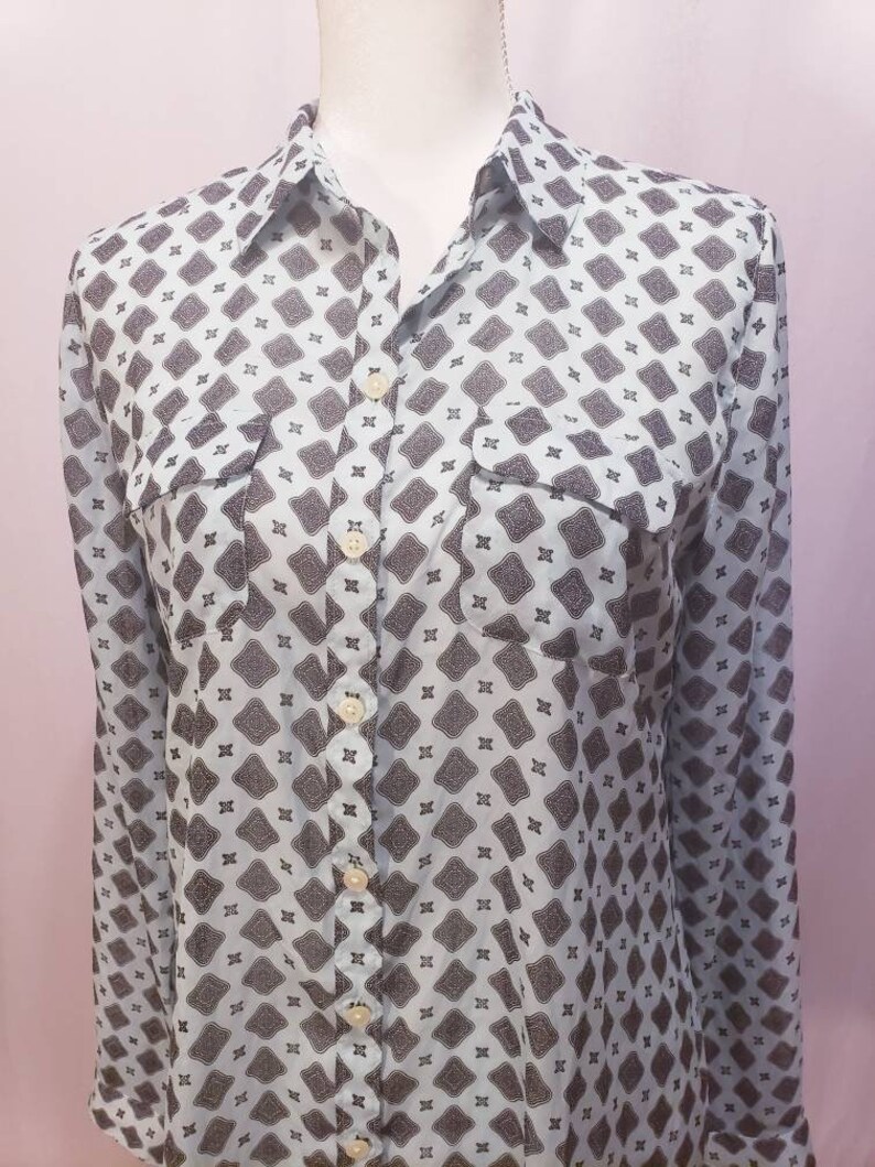 Light Blue paisley diamond print 70s Retro Sheer Blouse