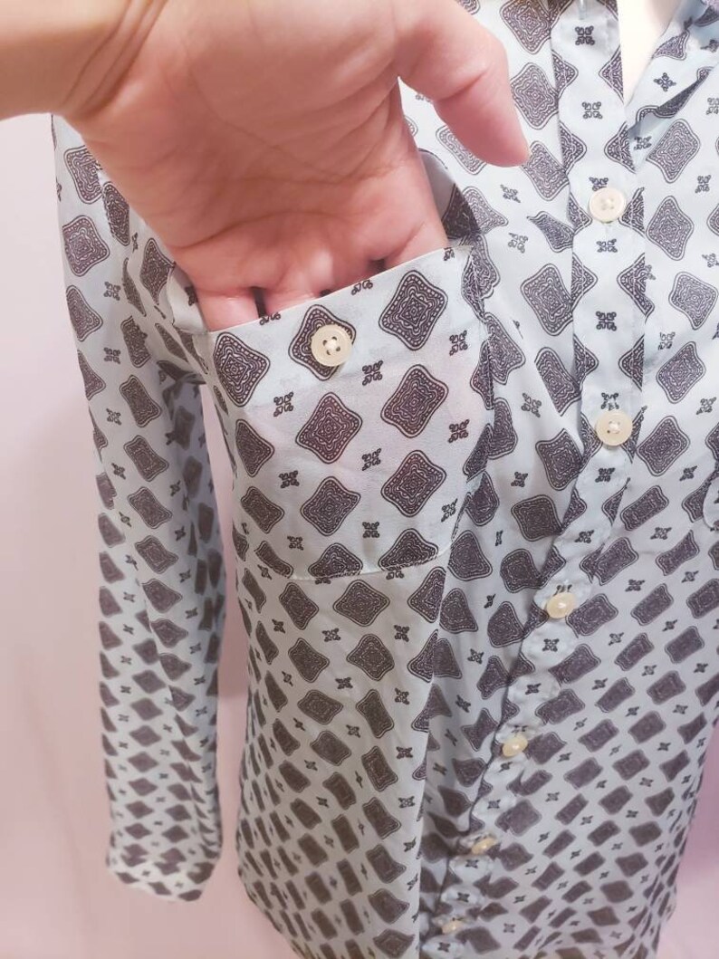 Light Blue paisley diamond print 70s Retro Sheer Blouse